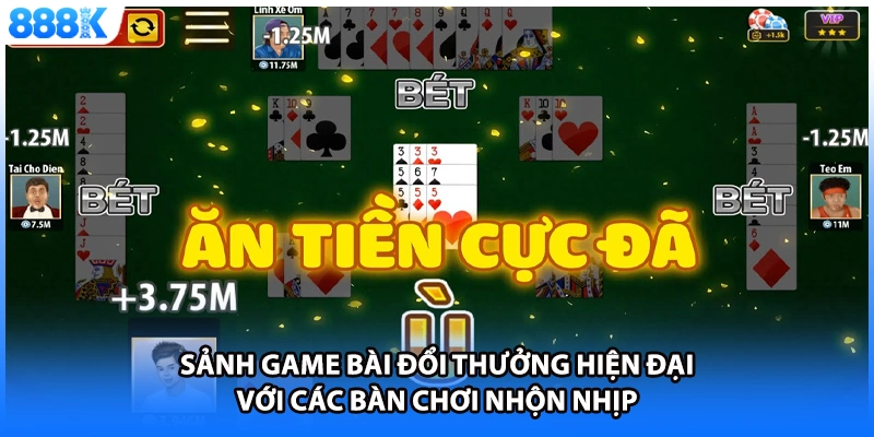 Sảnh game bài đổi thưởng hiện đại với các bàn chơi nhộn nhịp